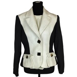Ross Mayer Cotton Matelasse Textured Colorblock Blazer Womens L Black White